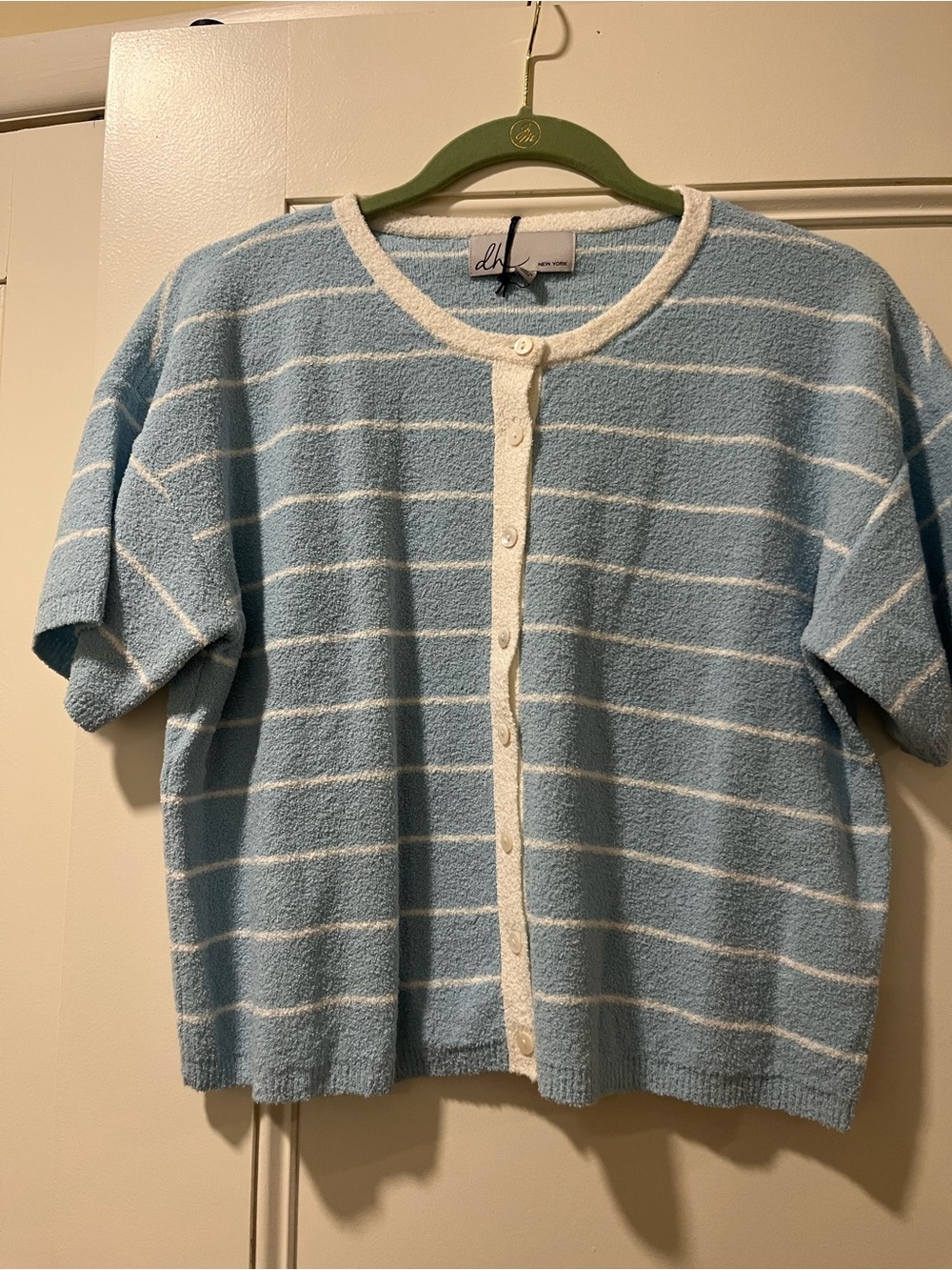dh NEW YORK Light Blue and Cream Striped Short-Sleeve Cardigan